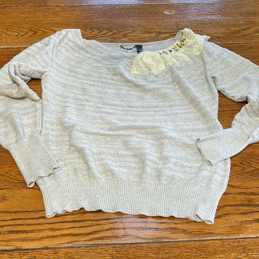 BKE Boutique oatmeal color pullover sweater.Lace and rhinestone details. Size XL
